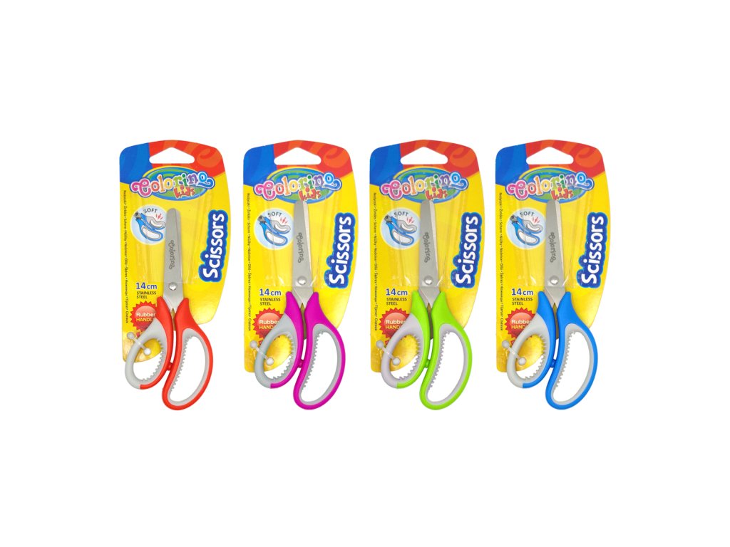Nožnice detské s mäkkým gumovým gripom, 14 cm, asymetrické, mix farieb