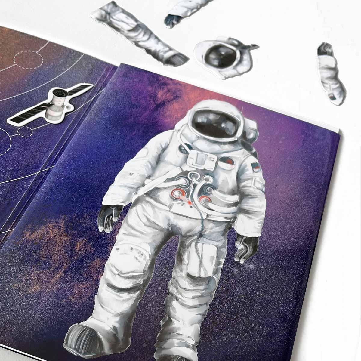 kozmonaut na modro-fialovom pozadí vedľa ktorého sú magnetky s jeho časťami tela - ruky ,noha , helma