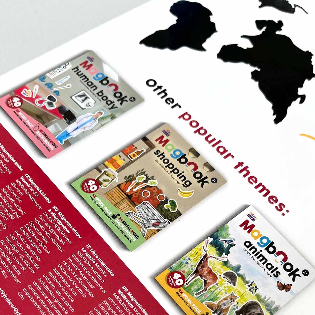 ponuka ďalších ďalších magnetických knižiek obchod, zvieratá, ľudské telo na zadnej strane magnetickej knižky vesmír