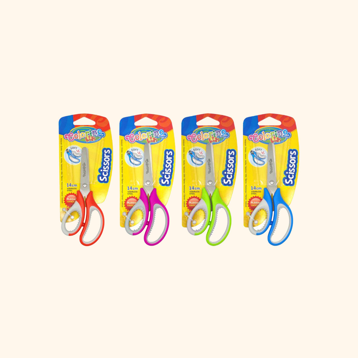 Nožnice detské s mäkkým gumovým gripom, 14 cm, asymetrické, mix farieb