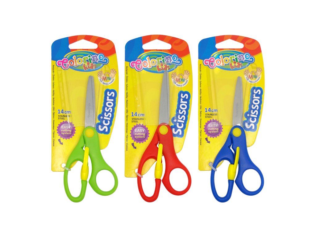 Nožnice detské, 14 cm, bezp. poistka, asymetrické, mix farieb