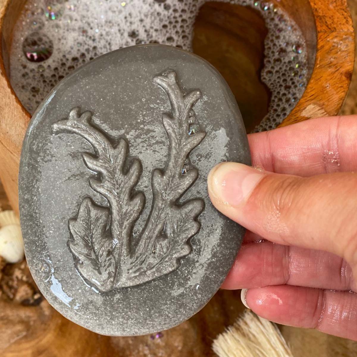  mokrá sivá kamenná stopa morskej riasy v ruke 