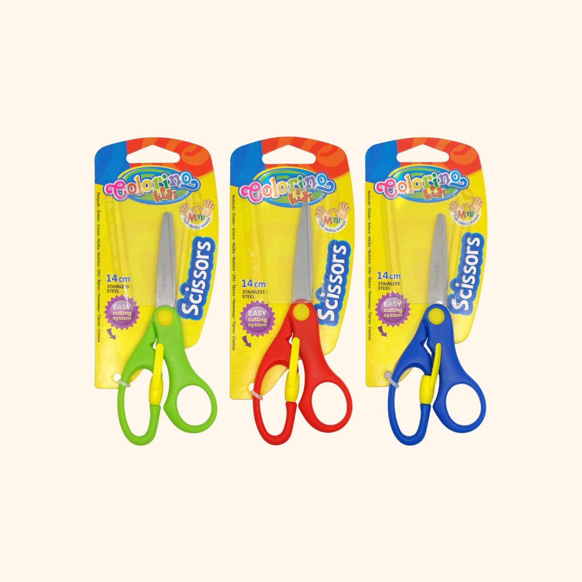 Nožnice detské, 14 cm, bezp. poistka, asymetrické, mix farieb
