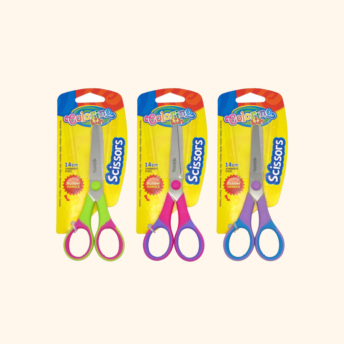 Nožnice detské s gumovým gripom, 14 cm, symetrické, mix farieb