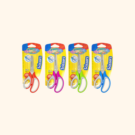 Nožnice detské s mäkkým gumovým gripom, 14 cm, asymetrické, mix farieb